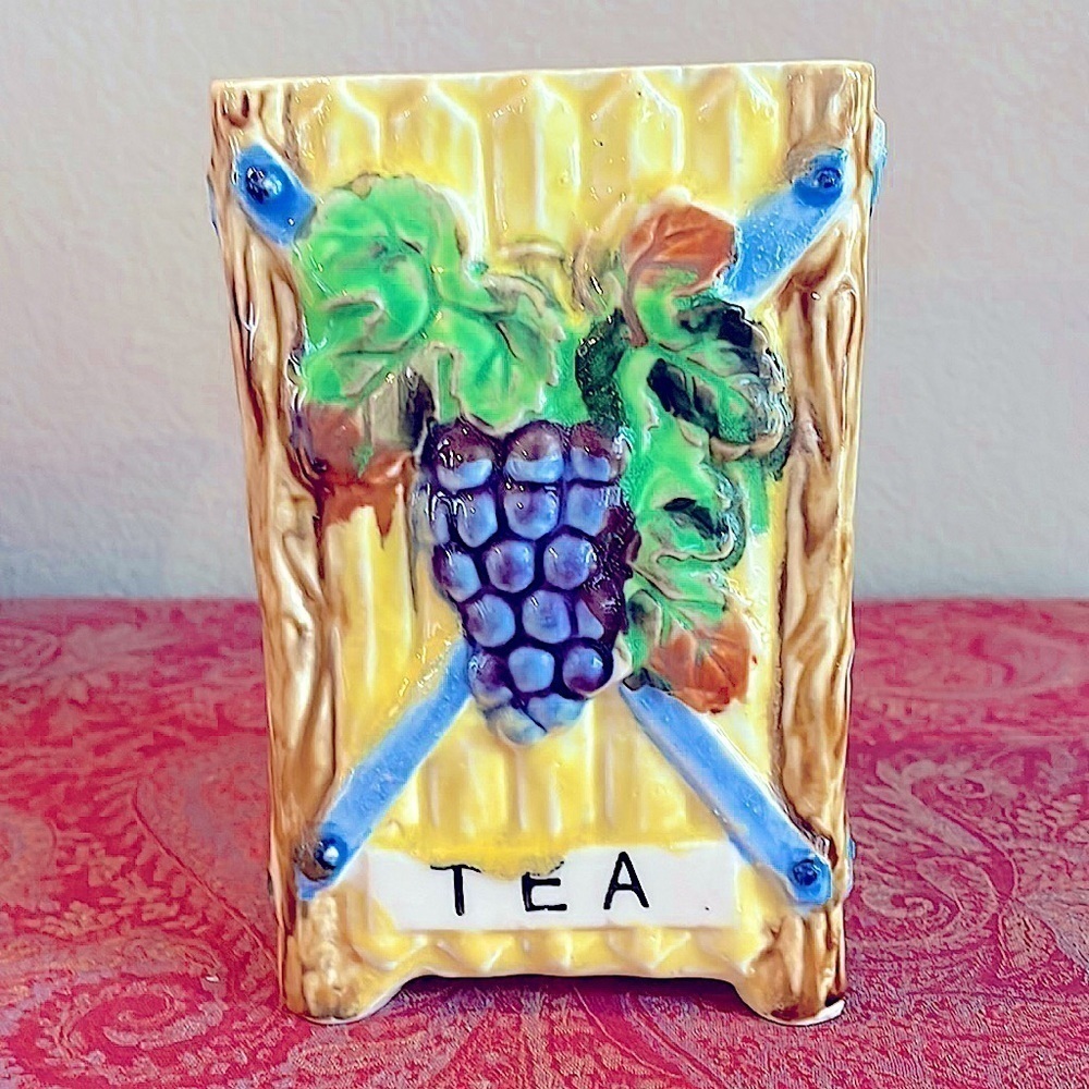 Vintage Majolica Tea Canister Yellow with Grapes